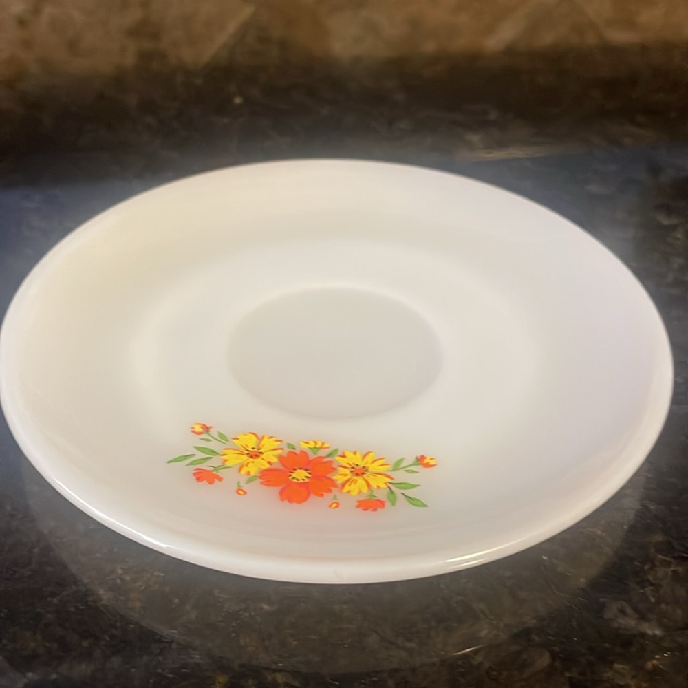 Fire King Anchor Hocking Orange and Yellow Floral Premium Cups & Saucers (4 sets - Picture 2 of 11